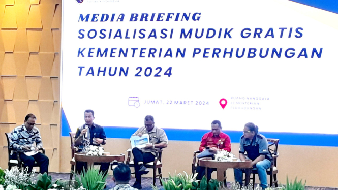 Media Briefing Angkutan Mudik Gratis 2024 di kantor Kemenhub, Jakarta, Jumat, 22 Maret 2024.