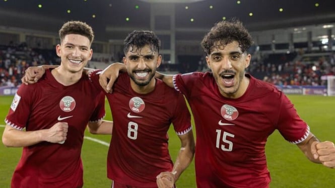 Pemain Timnas Qatar U-23 merayakan gol