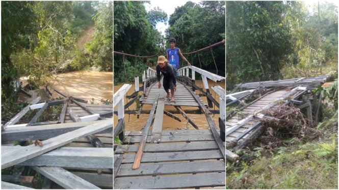 Sejumlah infrastruktur seperti jembatan yang terdampak banjir bandang yang terjadi di Kabupaten Melawi, Kalimantan Barat, Kamis 9 Mei 2024. (Istimewa) 