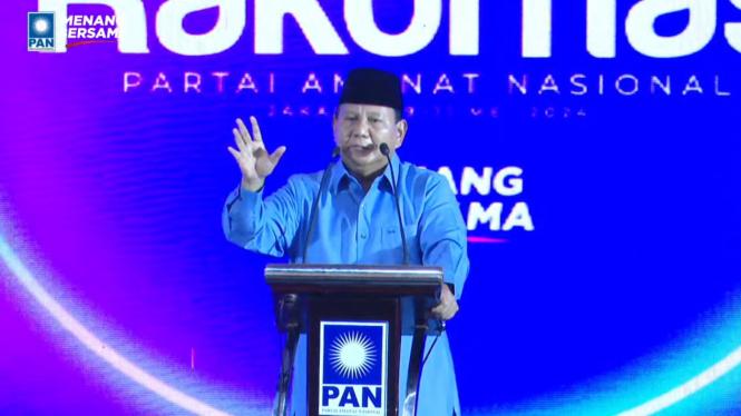 Presiden RI terpilih Prabowo Subianto di acara Workshop dan Rapat Koordinasi Nasional Partai Amanat Nasional dalam Rangka Mewujudkan Kemenangan PAN Pilkada 2024 di Hotel JS Luwansa, Jakarta Selatan, Kamis, 9 Mei 2024. 