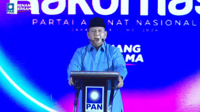 Presiden RI terpilih Prabowo Subianto di acara Rakornas Partai Amanat Nasional (PAN), Kamis, 9 Mei 2024.