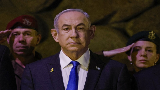 PM Israel Benyamin Netanyahu di acara peringatan Holocaust di Jerusalem, 6/5