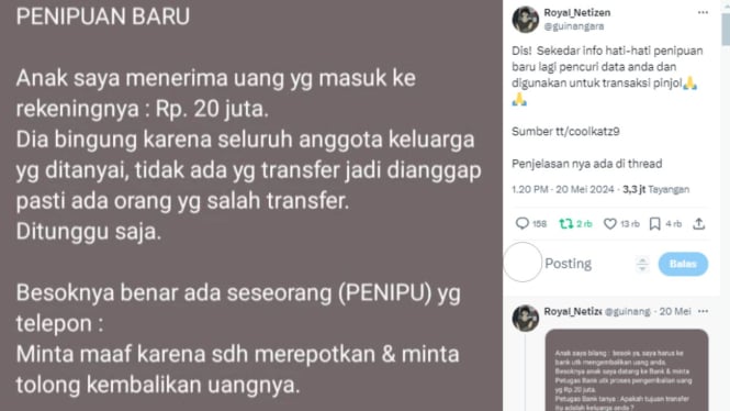 Viral Modus Penipuan Salah Transfer, Tiba-tiba Dikirim Rp20 Juta