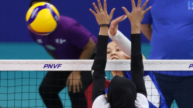 A seleção indonésia de vôlei feminino jogou contra o Cazaquistão na AVC Challenge Cup