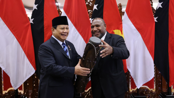 Menteri Pertahanan (Menhan) RI, Prabowo Subianto menerima kunjungan Perdana Menteri Papua Nugini James Marape di Kementerian Pertahanan, Jakarta Pusat, Senin, 15 Juli 2024 (sumber: Tim Media Prabowo)