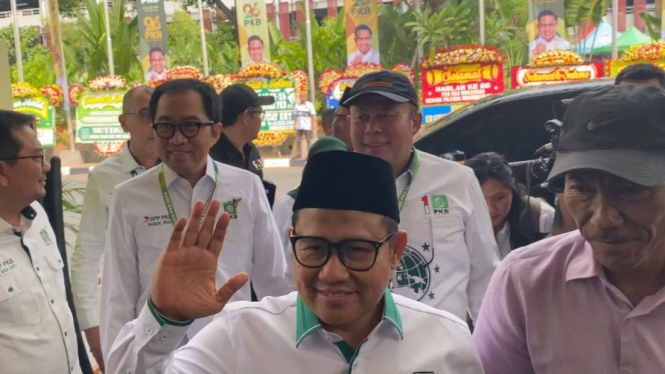 Ketua Umum PKB Muhaimin Iskandar alias Cak Imin di acara Mukernas PKB di JCC, Jakarta Pusat, Selasa, 23 Juli 2024