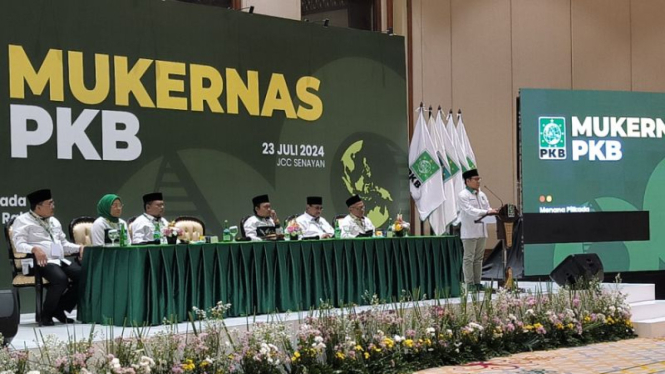 Ketua Umum PKB Muhaimin Iskandar saat Mukernas PKB ke-26 di JCC.