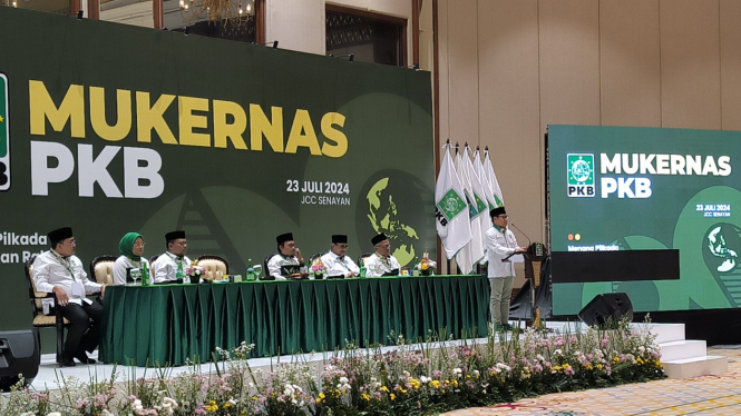 Ketua Umum PKB, Muhaimin Iskandar alias Cak Imin dalam acara Mukernas dan Harlah PKB ke-26 di JCC, Jakarta Pusat, Selasa, 23 Juli 2024