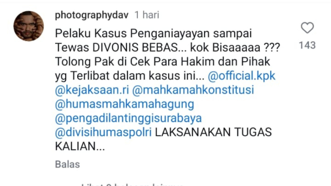 Akun Instagram PN Surabaya diserbu netizen gegara putus bebas Gregorius Ronald Tannur.