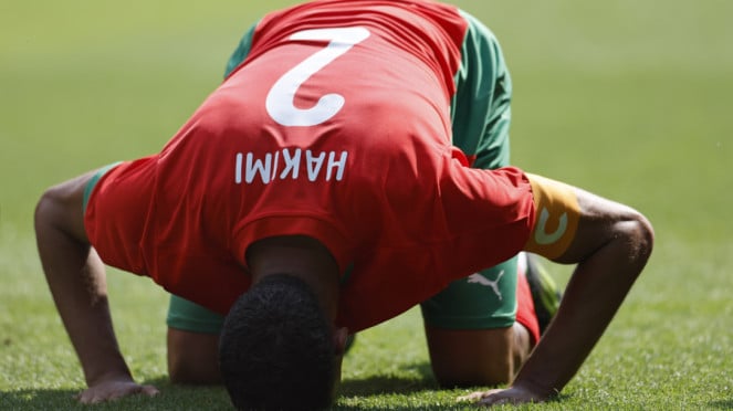 Jugador del equipo nacional de Marruecos, Asraf Hakimi celebra
