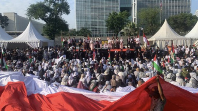 Aliansi Rakyat Indonesia Bela Palestina melakukan aksi solidaritas untuk kemerdekaan Palestina di depan Kedubes Amerika Serikat (AS) Jakarta Pusat, Sabtu 3 Agustus 2024. 