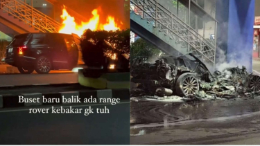 Um SUV Range Rover de luxo incendiado em Serpong, apenas um esqueleto permanece