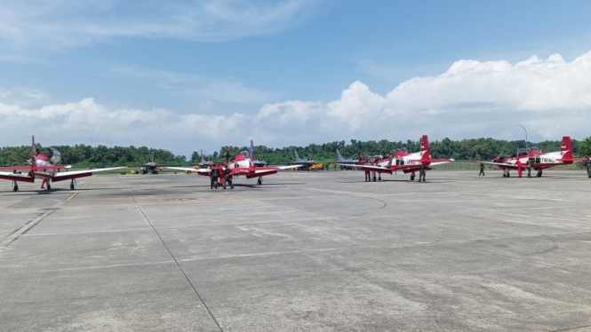 Sejumlah pesawat JAT parkir di hanggar Lanud Dhomber yang tertelak di Bandar Udara SAMS Sepinggan Kota Balikpapan'Provinsi Kalimantan Timur untuk persiapan melakukan atraksi pada HUT ke-79 RI di langit Kota Nusantara, 17 Agustus 2024.