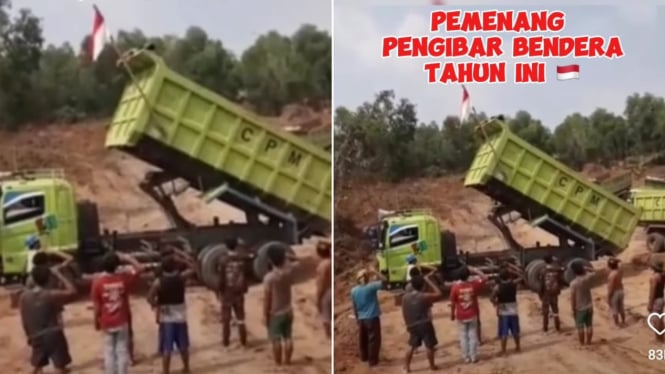 Pekerja tambang lakukan pengibaran bendera dengan dump truk