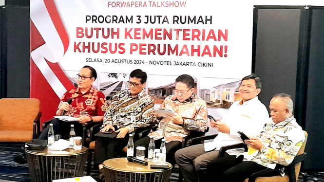 Para stakeholder terkait sektor properti dan perumahan dalam diskusi Forwapera, 'Program 3 Juta Rumah Butuh Kementerian Khusus Perumahan', di kawasan Cikini, Jakarta Pusat, Selasa, 20 Agustus 2024