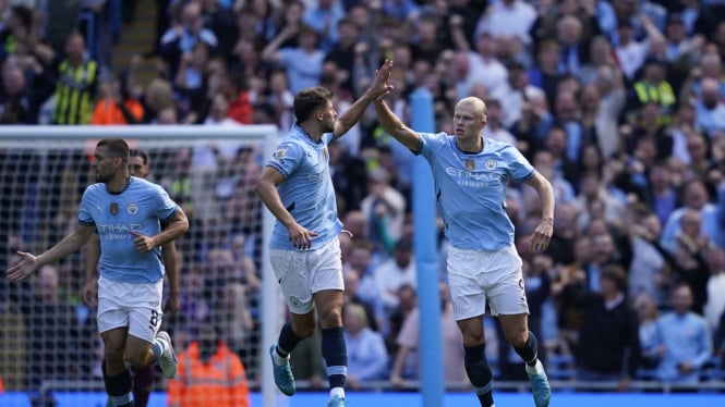 Pemain Manchester City rayakan gol Erling Haaland