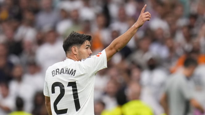 Pemain Real Madrid Brahim Diaz rayakan gol