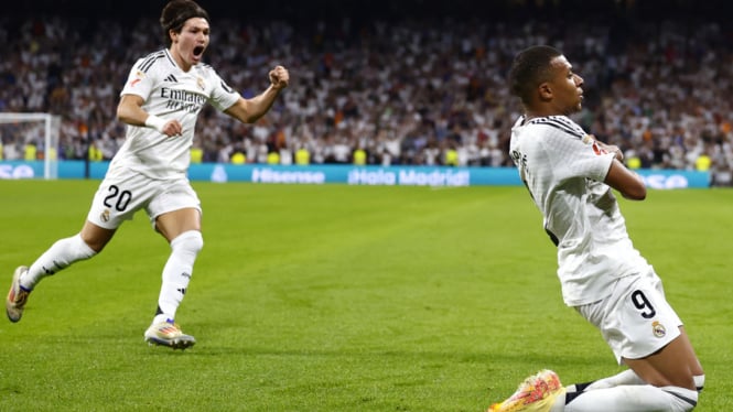 Pemain Real Madrid, Kylian Mbappe rayakan gol