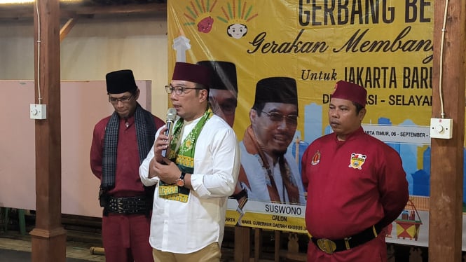 Bakal cagub Jakarta, Ridwan Kamil saat menghadiri acara deklarasi dan selayang pandang bersama Badan Musyawarah (Bamus) Betawi di kawasan Jatinegara, Jakarta Timur, Jumat, 6 September 2024.