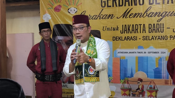 Bakal cagub Jakarta Ridwan Kamil saat menghadiri acara deklarasi dan selayang pandang bersama Badan Musyawarah (Bamus) Betawi di kawasan Jatinegara, Jakarta Timur, Jumat, 6 September 2024.