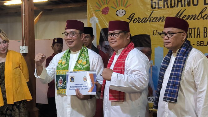 Bakal cagub Jakarta, Ridwan Kamil saat menghadiri acara deklarasi dan selayang pandang bersama Badan Musyawarah (Bamus) Betawi di kawasan Jatinegara, Jakarta Timur, Jumat, 6 September 2024.