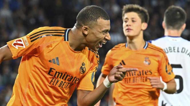 Pemain Real Madrid, Kylian Mbappe rayakan gol