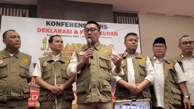 Bakal cagub Jakarta, Ridwan Kamil usai acara Deklarasi Relawan Jaringan Pelayan Masyarakat untuk RIDO, di Jakarta Utara, Senin, 16 September 2024.