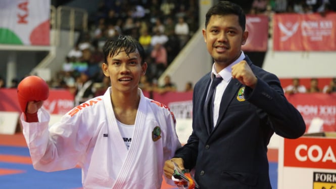 Serda Muhammad Tegar Januar, sukses menyabet medali emas di Cabor Karate PON 2024 Aceh-Sumut.(dok PON 2024 wilayah Sumut)