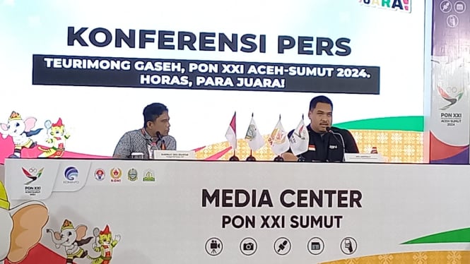 Menpora RI, Dito Ariotedjo, dalam jumpa pers digelar di Media Center PON XXI Tahun 2024, Aceh-Sumut, di Hotel Santika, Kota Medan.(B.S.Putra/VIVA)