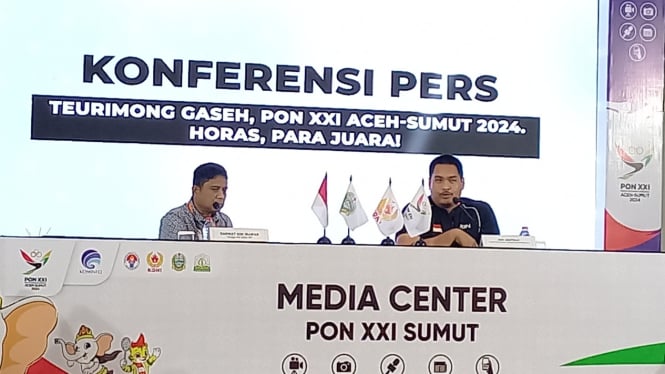 Menpora RI, Dito Ariotedjo, dalam jumpa pers digelar di Media Center PON XXI Tahun 2024, Aceh-Sumut, di Hotel Santika, Kota Medan.(B.S.Putra/VIVA)