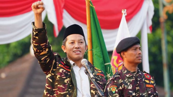 Ketua Umum Gerakan Pemuda (GP) Ansor Addin Jauharudin dalam Apel Kesaktian Pancasila di halaman Masjid Raya Albantani, Serang, Banten, Selasa, 1 Oktober 2024.