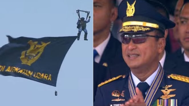 El mariscal del TNI KSAU Tonny Harchono observa a los paracaidistas del TNI AU