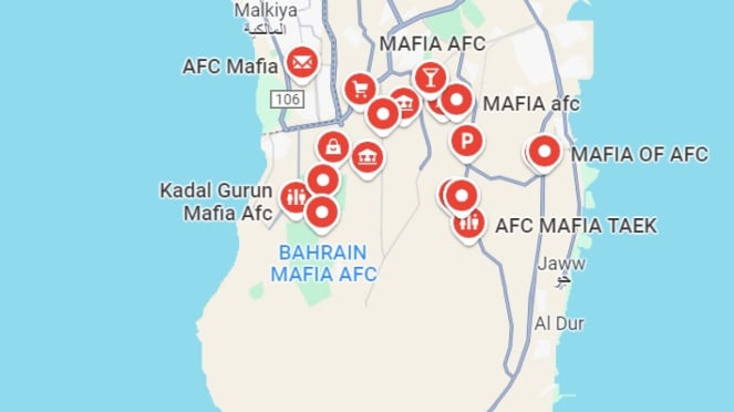 Mapa do país do Bahrein escrito por Mafia AFC no Google Maps