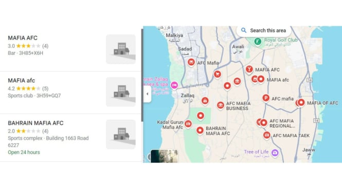 Peta negara Bahrain ditulis Mafia AFC di Google Maps