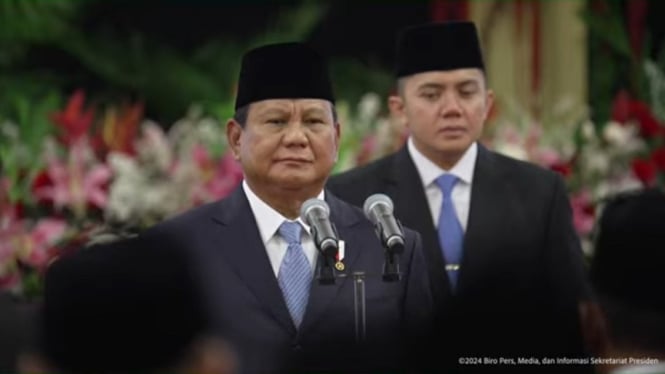 Presiden Prabowo Subianto saat pelantikan menteri kabinet Merah Putih