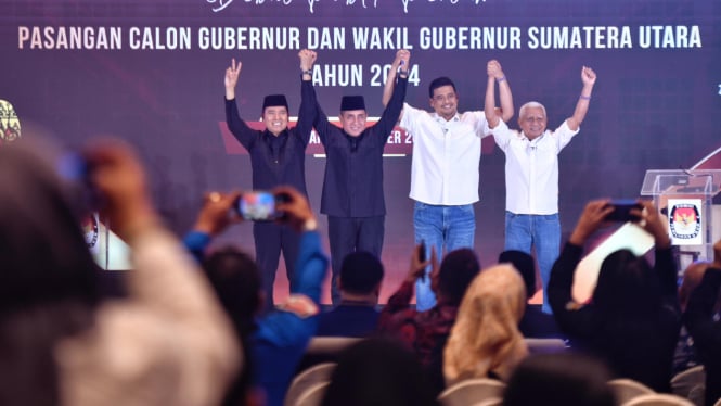 Debat pertama Pilgub Sumut 2024, antara Bobby Nasution-Surya dan Edy Rahmayadi-Hasan Basri Sagala.(istimewa/VIVA)