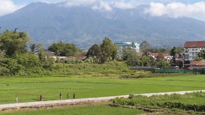 Sejumlah warga melintas di area persawahan dengan latar Gunung Marapi di Kabupaten Agam, Sumatra Barat.