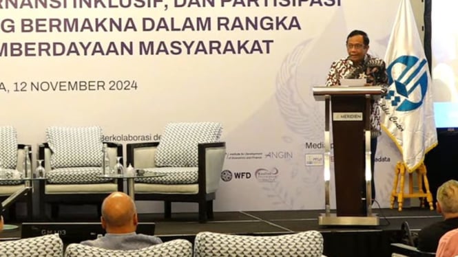 Mantan menteri koordinator bidang politik, hukum, dan keamanan Mahfud Md dalam sambutannya pada HDF 2024-Pidato dan Panel Kebangsaan di Jakarta, Selasa, 12 November 2024.