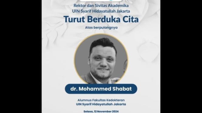 Relawan sekaligus dokter lulusan Indonesia yang bertugas di Gaza, Palestina, Mohammed Shabat, meninggal dunia pada Selasa, 12 November 2024.