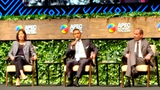 Ketua Umum Kadin Indonesia Anindya Bakrie (tengah) berbicara di APEC CEO Summit, dalam rangkaian KTT APEC di Lima, Peru, Kamis, 14 November 2024.