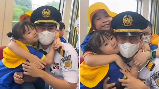 Anak-anak SD foto bareng masinis LRT