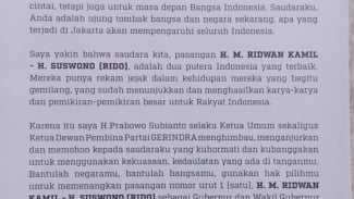 Untuk Pilkada Jakarta, Prabowo Subianto Buat Surat Ajak Warga Pilih RK-Suswono