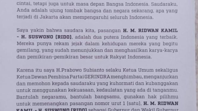 Surat edaran mengatasnamakan Ketua Umum Partai Gerindra, Prabowo Subianto yang mengajak warga Jakarta memilih pasangan RK-Suswono (sumber: istimewa)