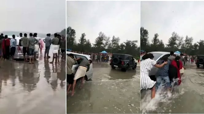 Toyota Innova terjebak di pantai