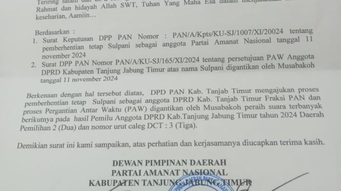 Surat Keterangan PAW Anggota DPRD Kabupaten Tanjung Jabung Timur, Jambi  Sulpani.  