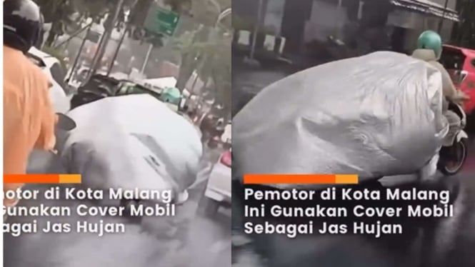 Pemotor Gunakan Cover Mobil Sebagai Pengganti Jas Hujan