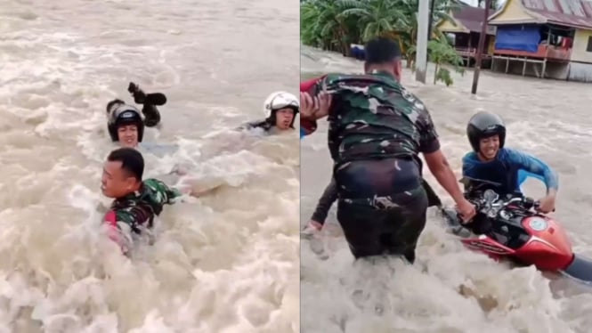 Heroik! Detik-Detik TNI Selamatkan Pemotor yang Terseret Arus Banjir