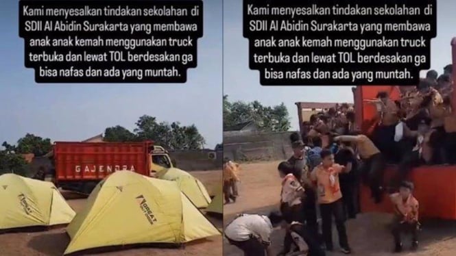 Anak SD berangkat kemah dengan mobil truk terbuka