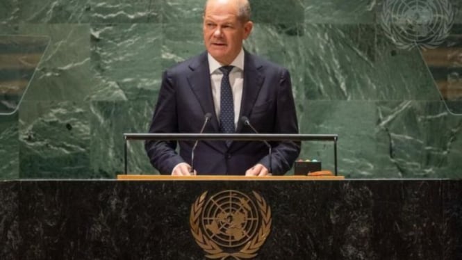 Arsip - Kanselir Jerman Olaf Scholz berpidato pada sesi Debat Umum Sidang Majelis Umum ke-78 PBB di New York, Amerika Serikat.