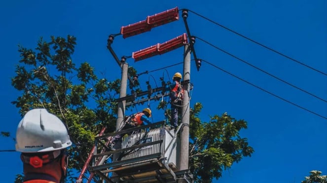 Ilustrasi petugas PLN melakukan pemeliharaan infrastruktur listrik